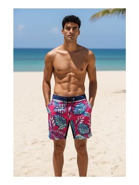 Vast Men's Tropical Pink Leaf Swim Trunks, NWT, 32